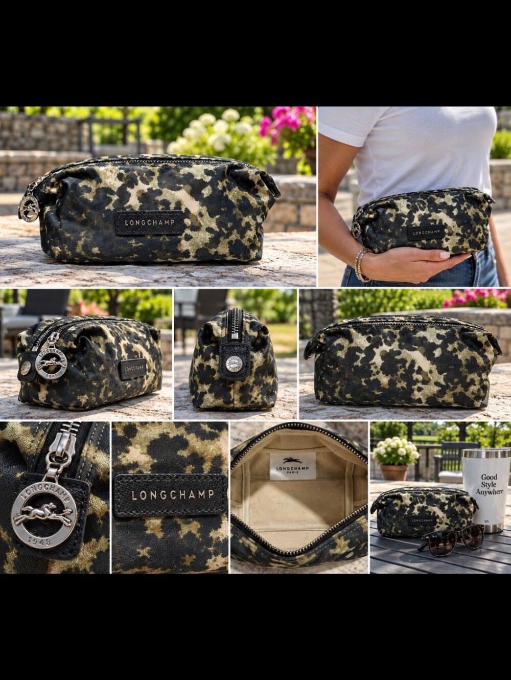 Longchamp Camouflage Toiletry Pouch - Black & Olive Green